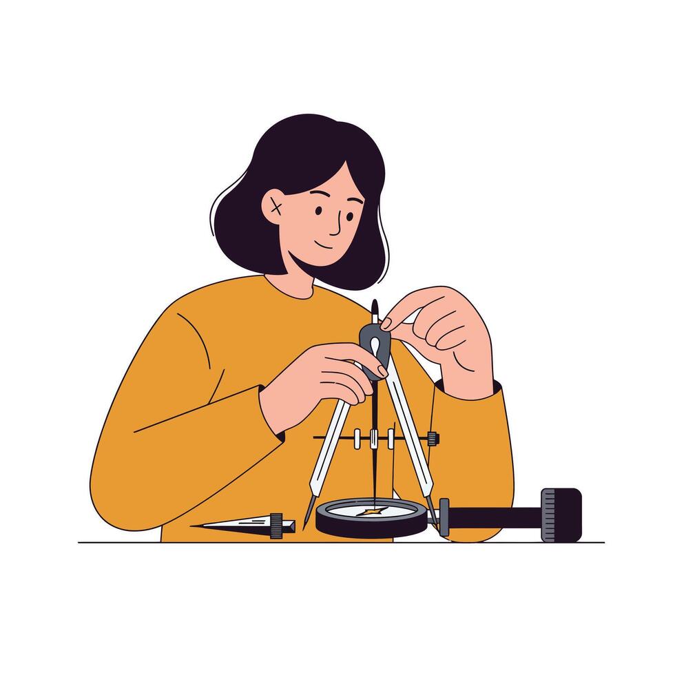 Woman using compass tool in detailed flat style art vector
