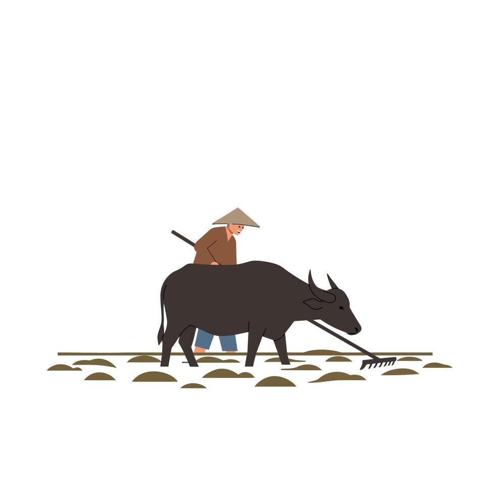 Farmer plowing field with water buffalo in minimal art style illustration vector