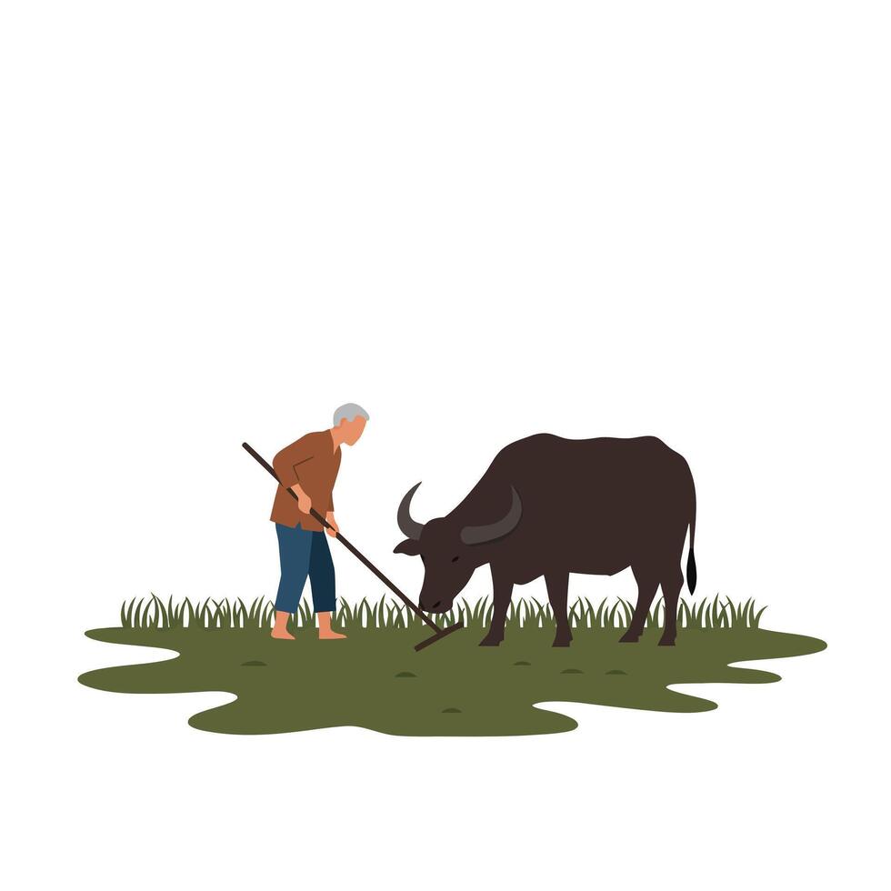 Farmer tending to water buffalo in flat minimal art vector