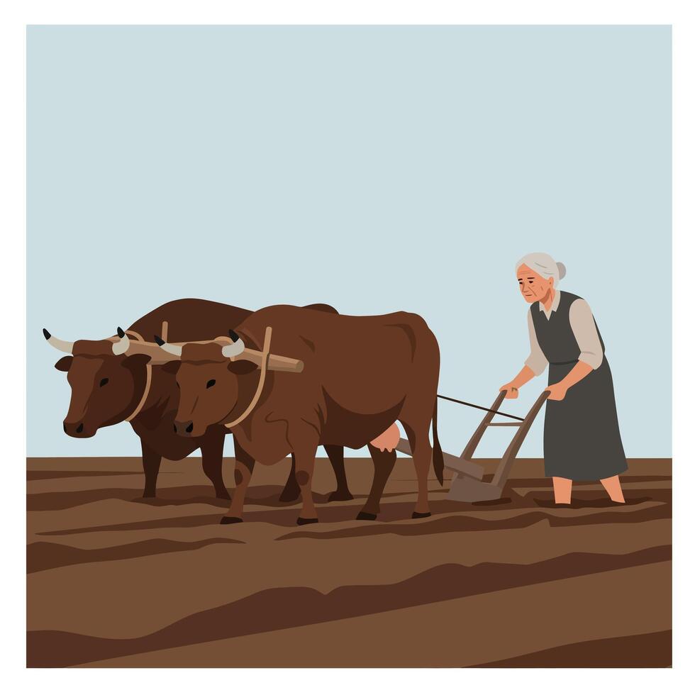 Farmer using oxen to plow field in flat minimal art vector