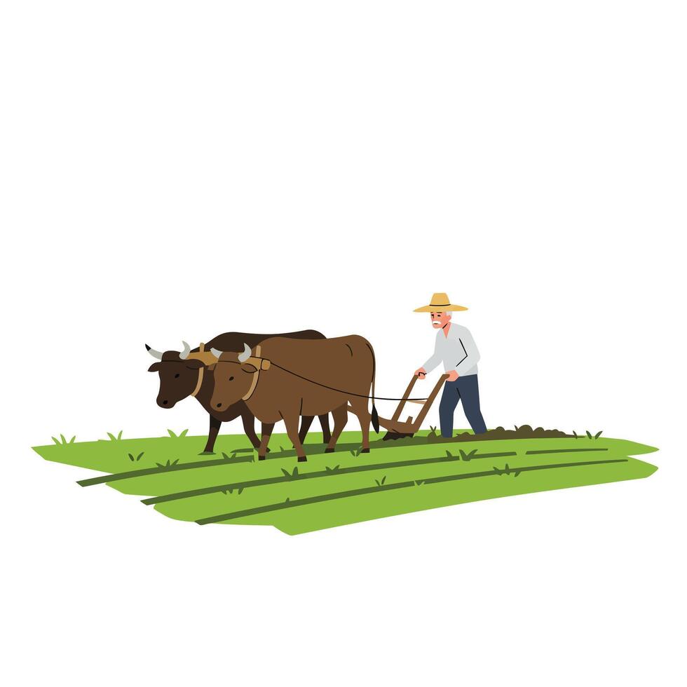 Farmer plowing field with oxen in minimal flat art vector