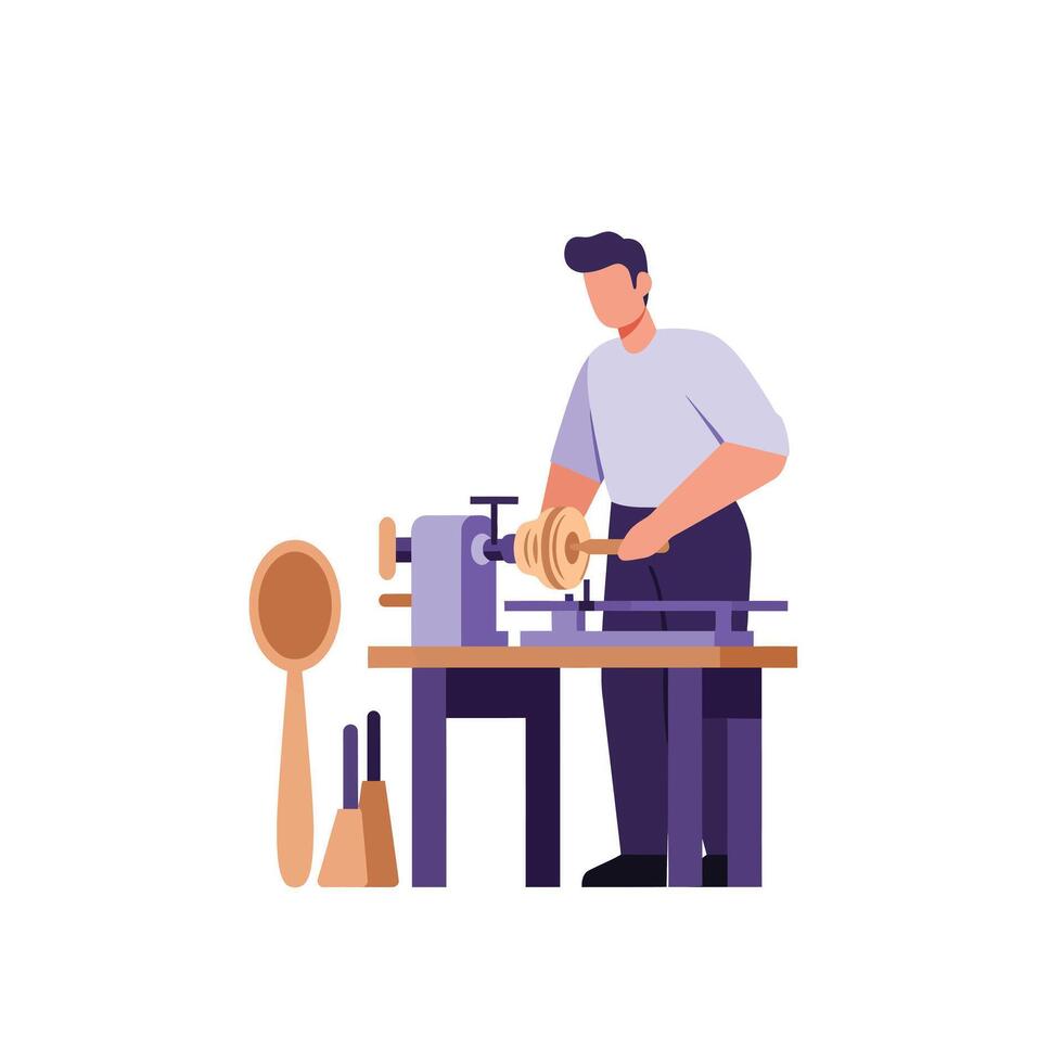 Craftsman shaping wood on lathe in detailed flat illustration vector