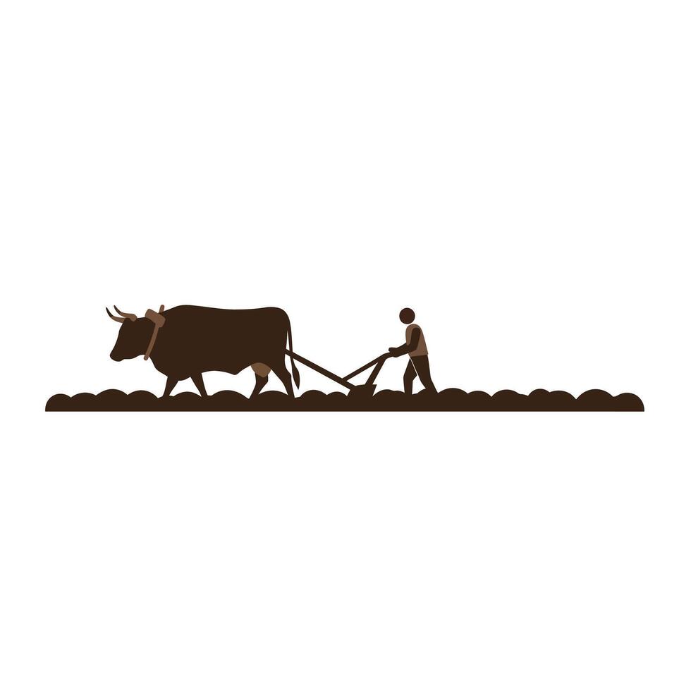 Farmer guiding a plow with a cow using minimal flat design art vector