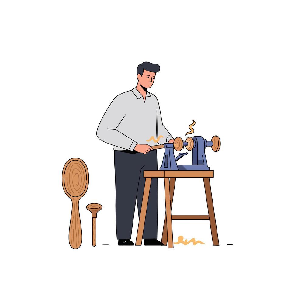 Woodworker using lathe to create spoon and bowl in flat art vector