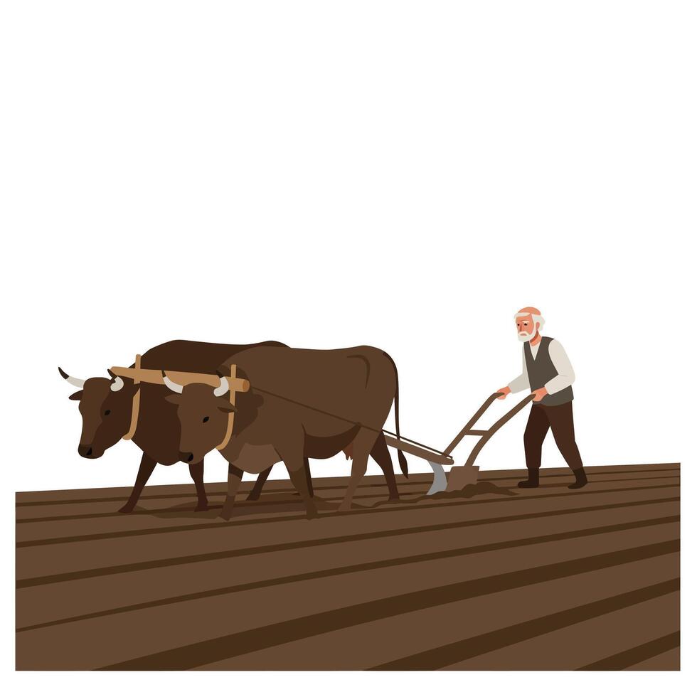Farmer plowing field with oxen in flat minimal art vector