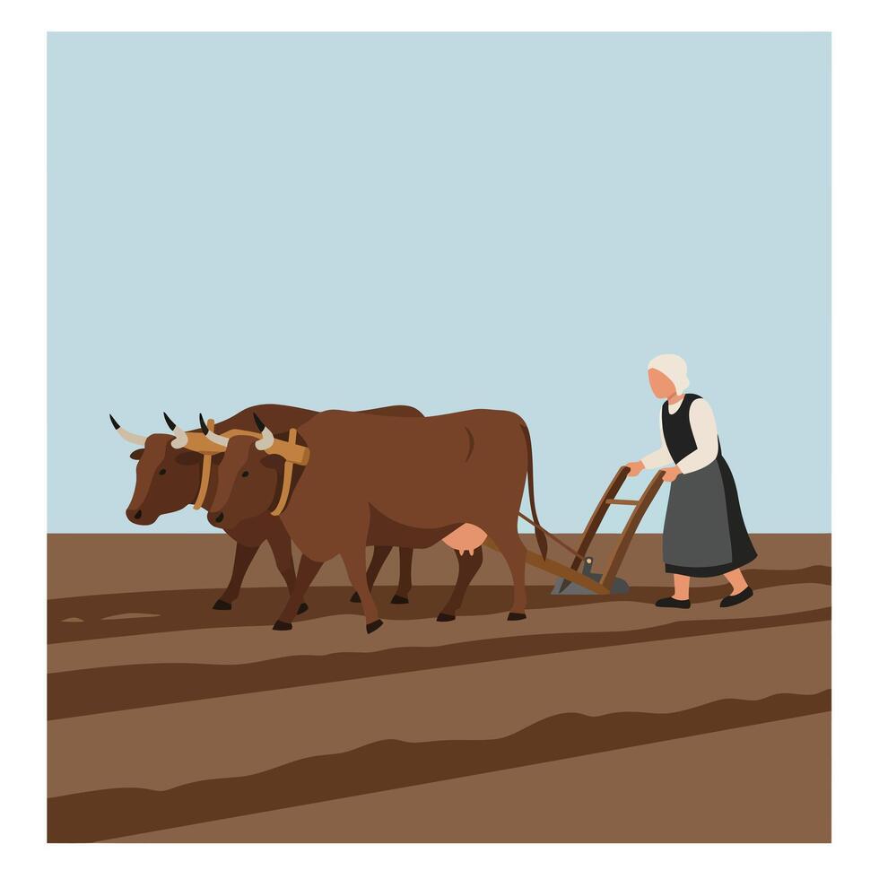 Farmer guiding oxen while plowing field in flat illustration vector