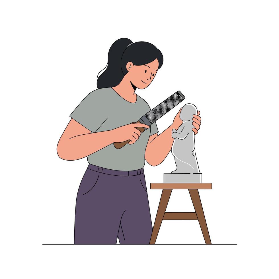 Sculptor working on a detailed stone statue in flat art vector