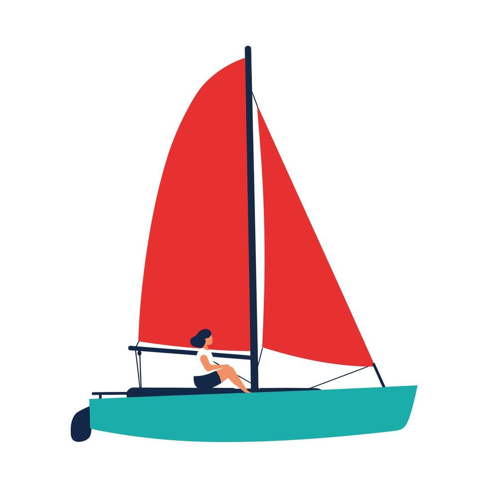 Sailboat with Red Sail and Woman Rowing in Flat Art vector