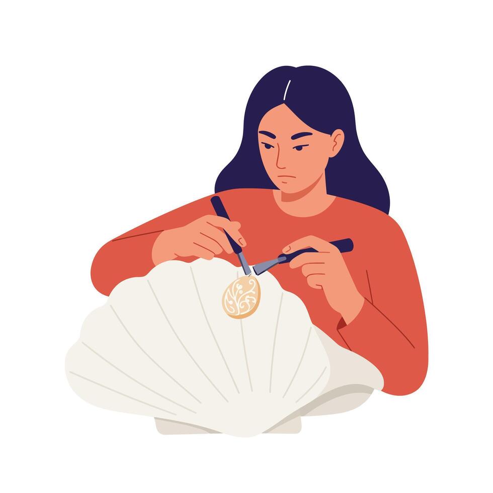 Woman carving intricate design from shell in flat illustration vector