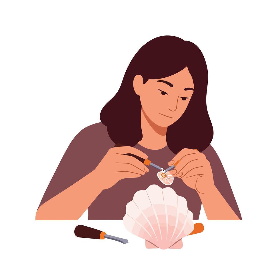 Young woman crafting jewelry from a shell in flat illustration vector