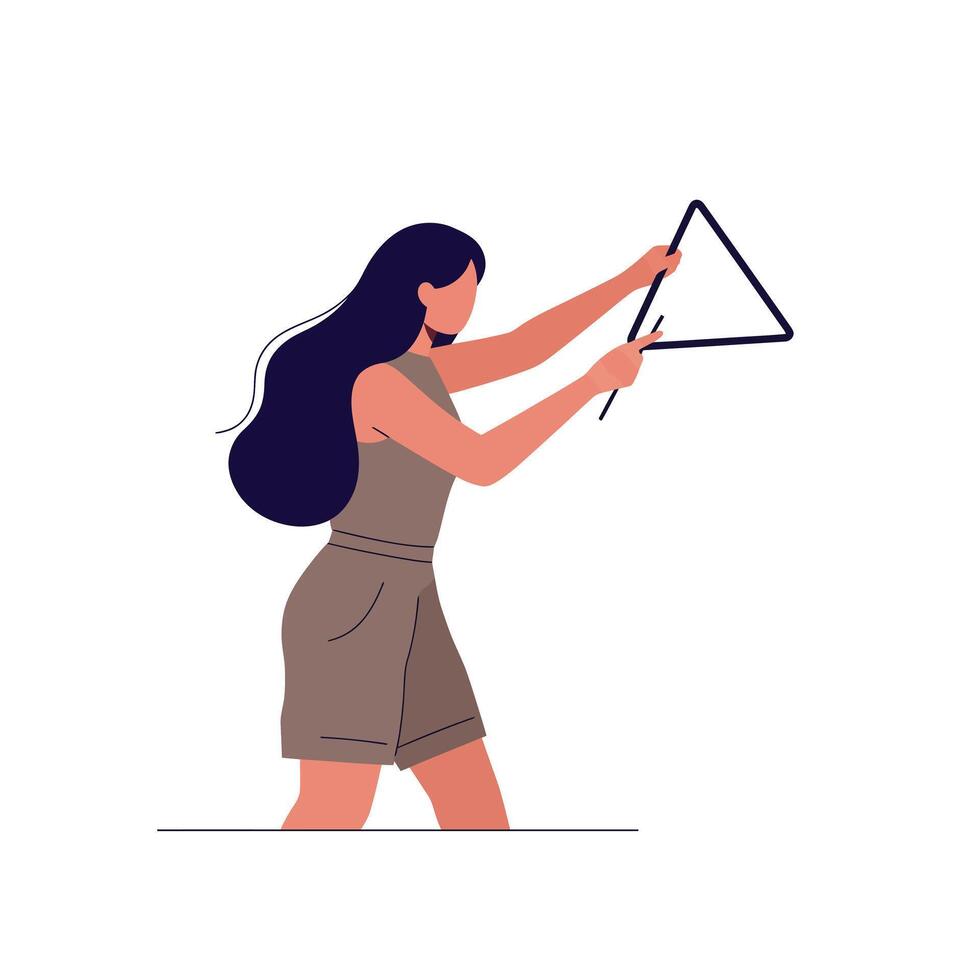 Woman playing a triangle instrument in minimal flat art vector