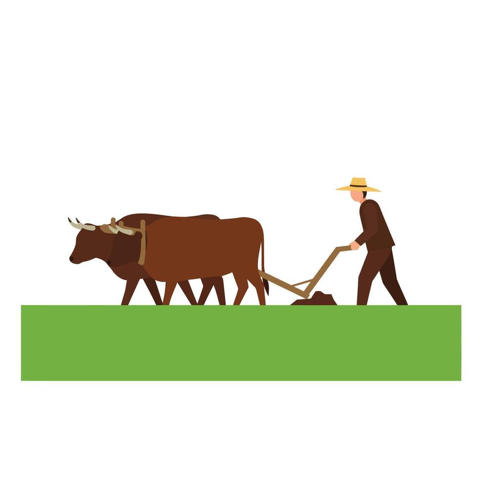 Farmer plowing field with oxen in flat and minimal art vector