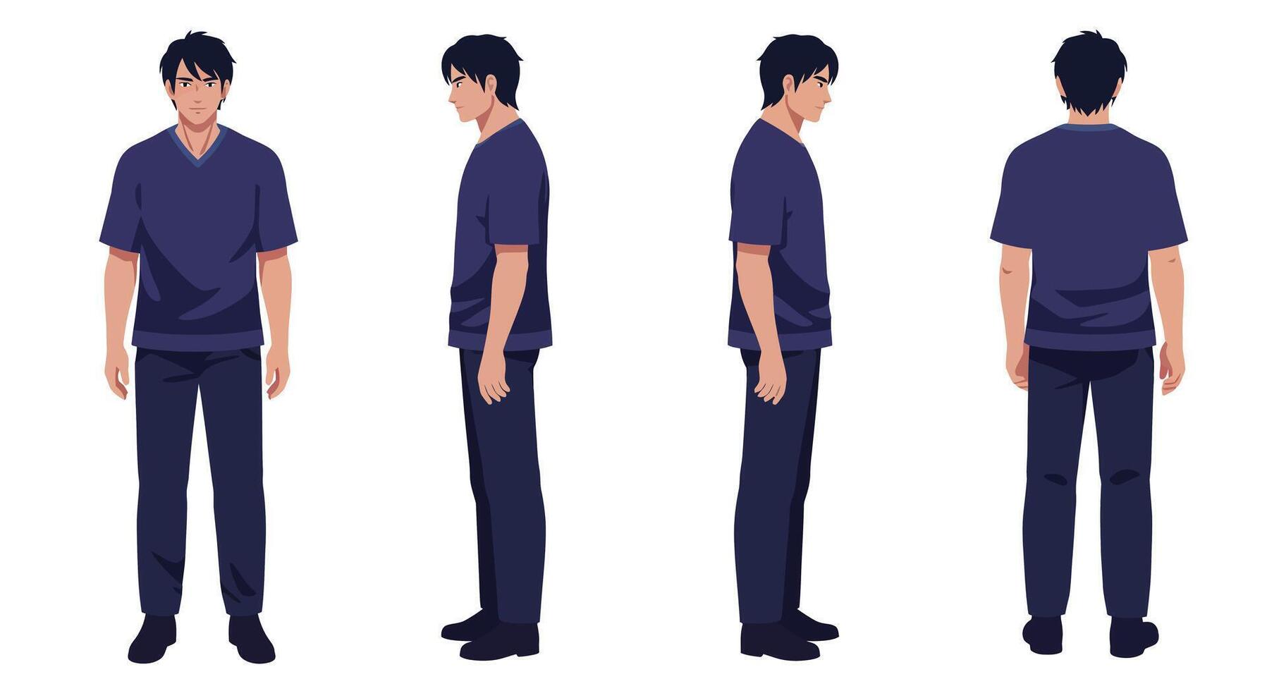 Character design showcasing a male figure in multiple angles flat art vector