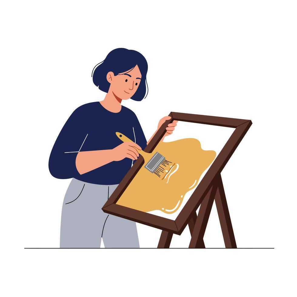 Artist painting on easel with brush in flat minimal art vector