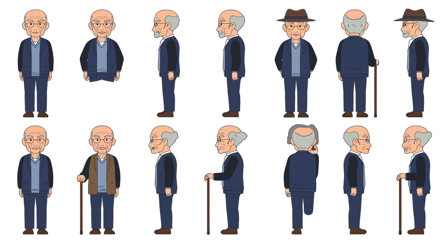 Elderly man character design in flat style showcasing various poses illustration vector