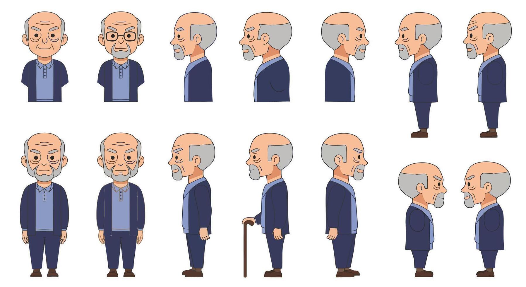 Character design progression of an elderly man in flat art style vector