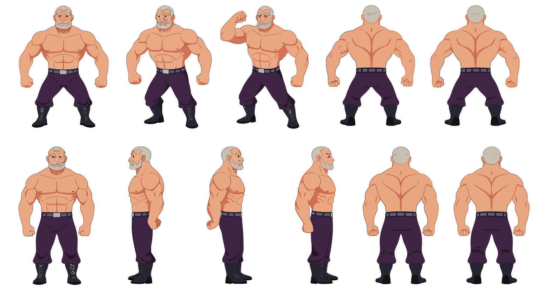 Strong muscular character transformation in flat art with multiple poses and expressions in a sequence vector