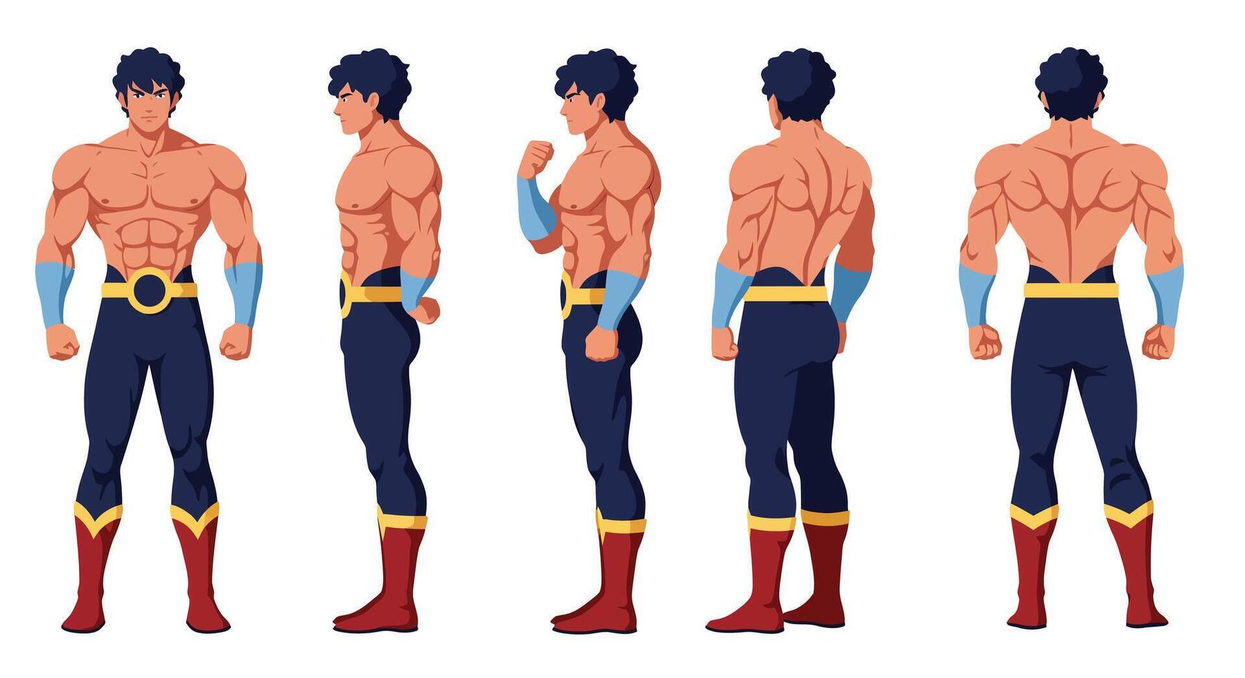Strong male character showing different poses in minimal illustration vector