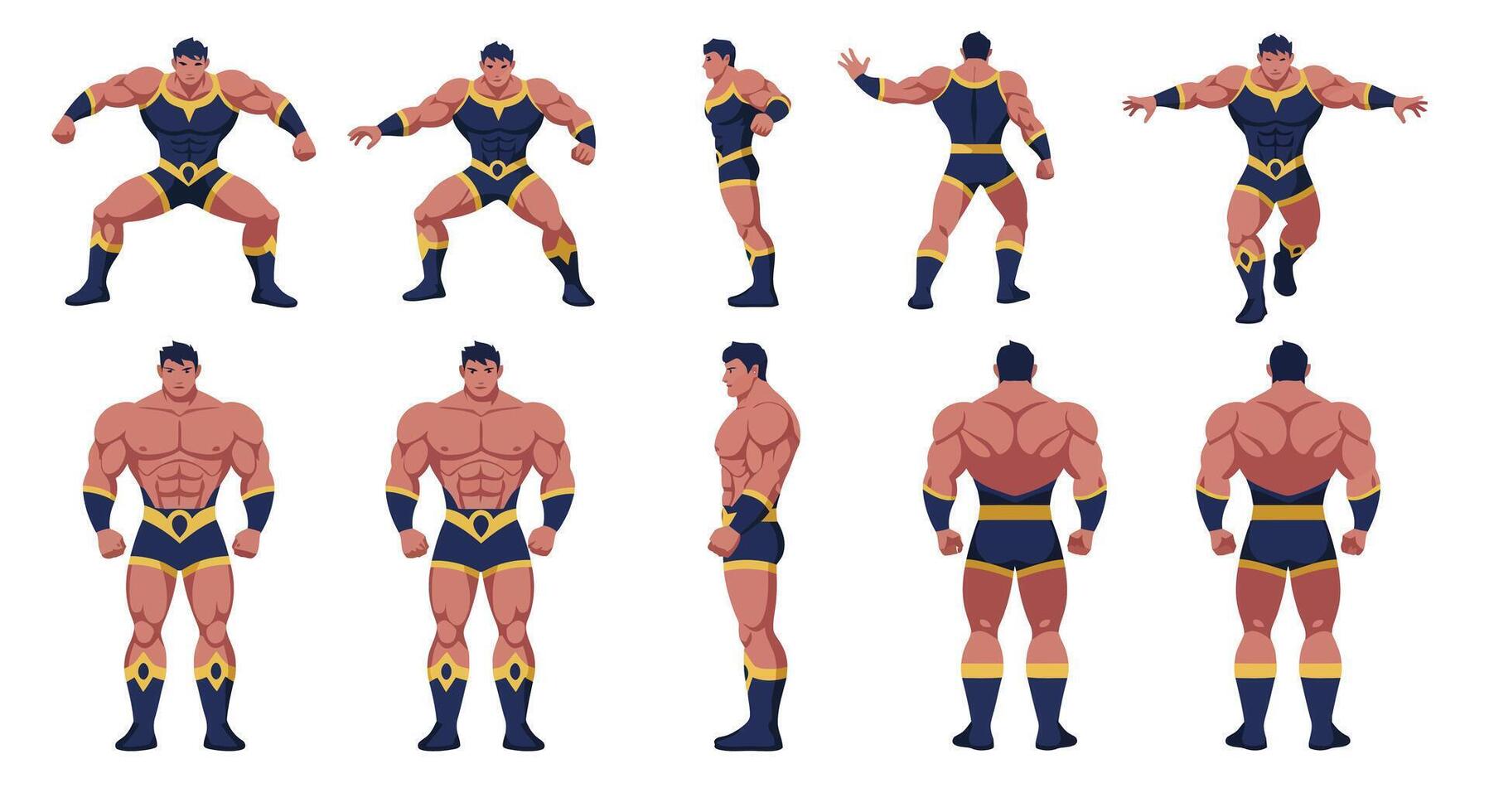 Strong muscular character in dynamic poses with flat design style art esa vector