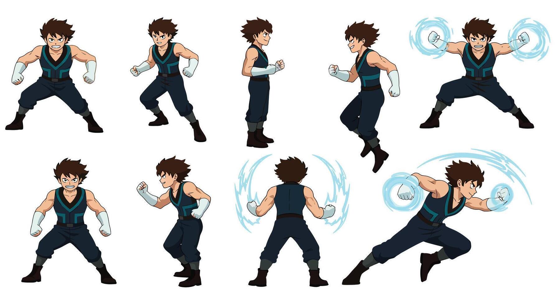 Character action sequence in dynamic poses with detailed illustration style showcasing movement and energy art vector