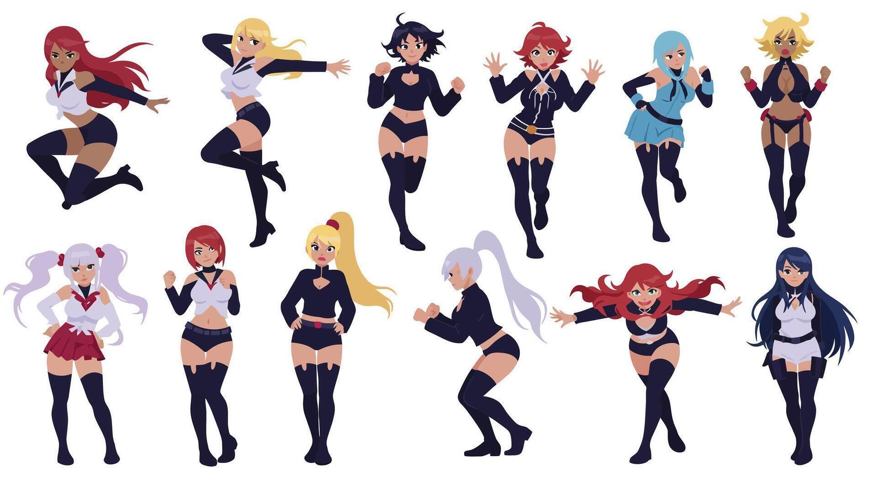 Dynamic poses of diverse characters in flat style art vector