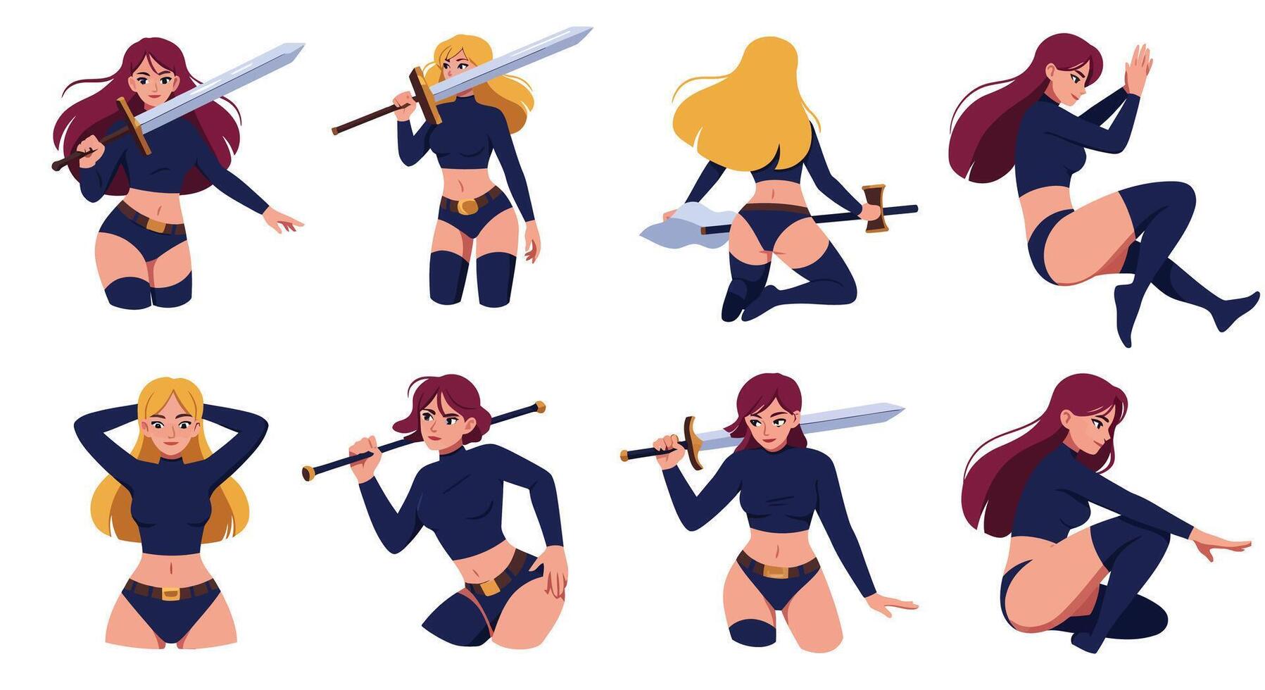 Character design showcasing dynamic poses in flat style illustration vector