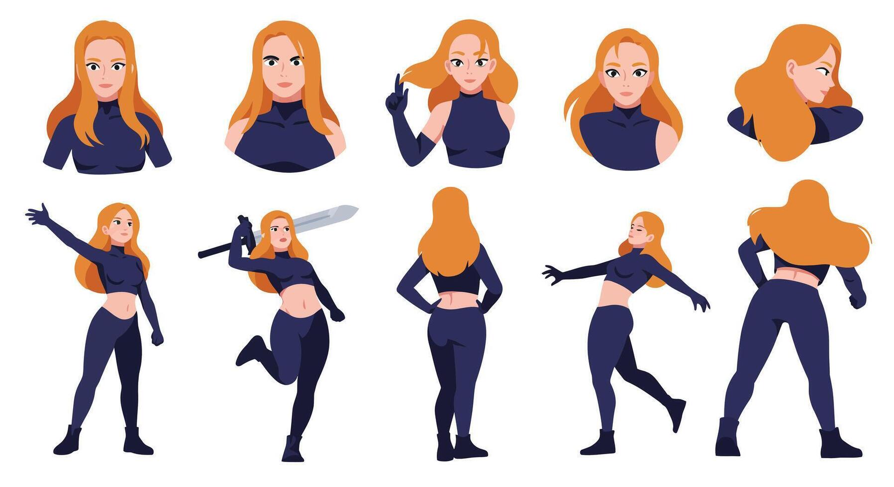 Dynamic character poses in flat minimal design showcasing various expressions and movements illustration vector