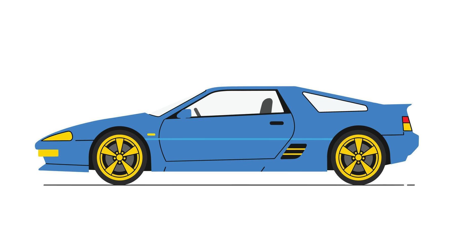 Blue sports car with sleek design in flat art style showcasing unique features and details in illustration vector