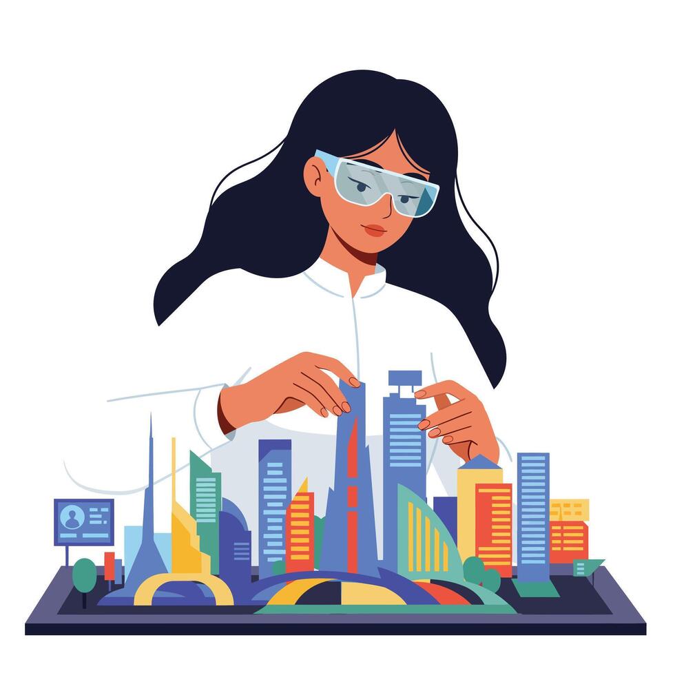 Engineer working on urban model in flat design showcasing cityscapes in art vector