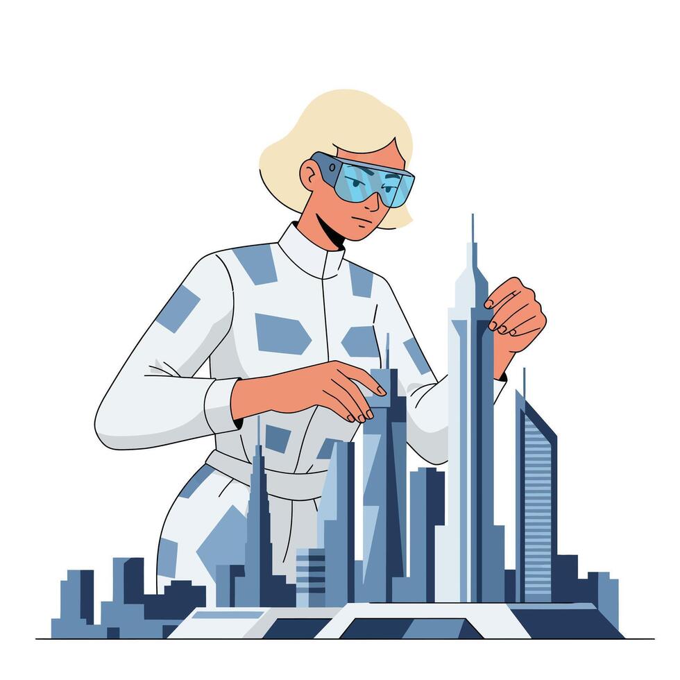 Female architect designing modern buildings in flat style art vector