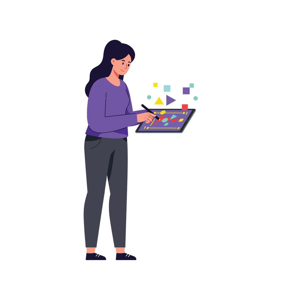 Woman using digital tablet to create art in flat illustration vector