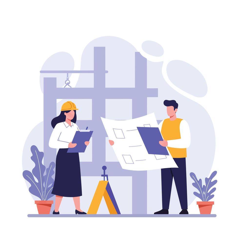 Construction workers reviewing blueprint with tools in flat illustration vector