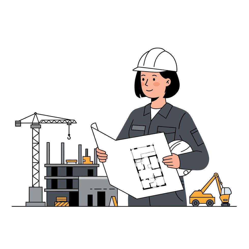 Construction worker reviewing blueprints in flat style art vector