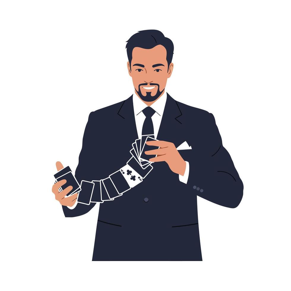 Professional magician performing card tricks in flat art style showcasing skill and charm in illustration vector