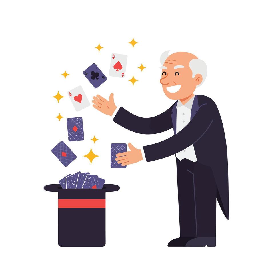 Magician performing card tricks with colorful cards in flat art style illustration vector