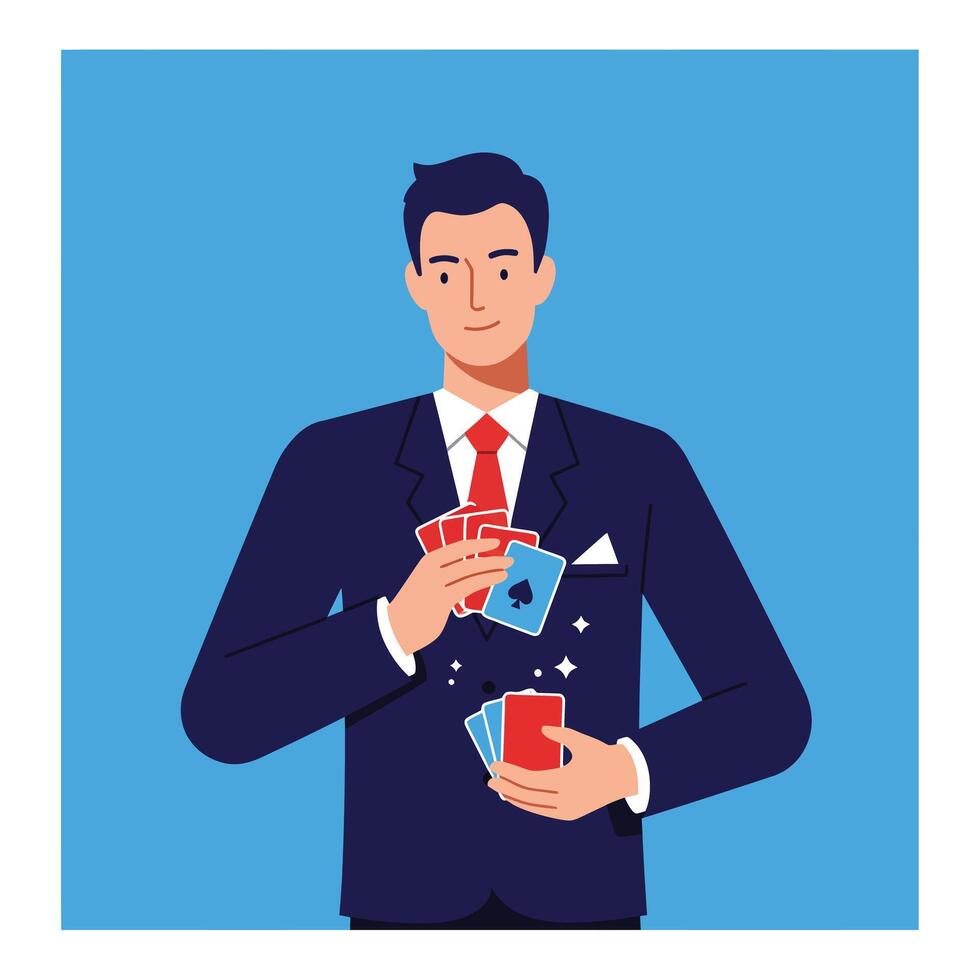 Professional magician performing card tricks in flat design art vector