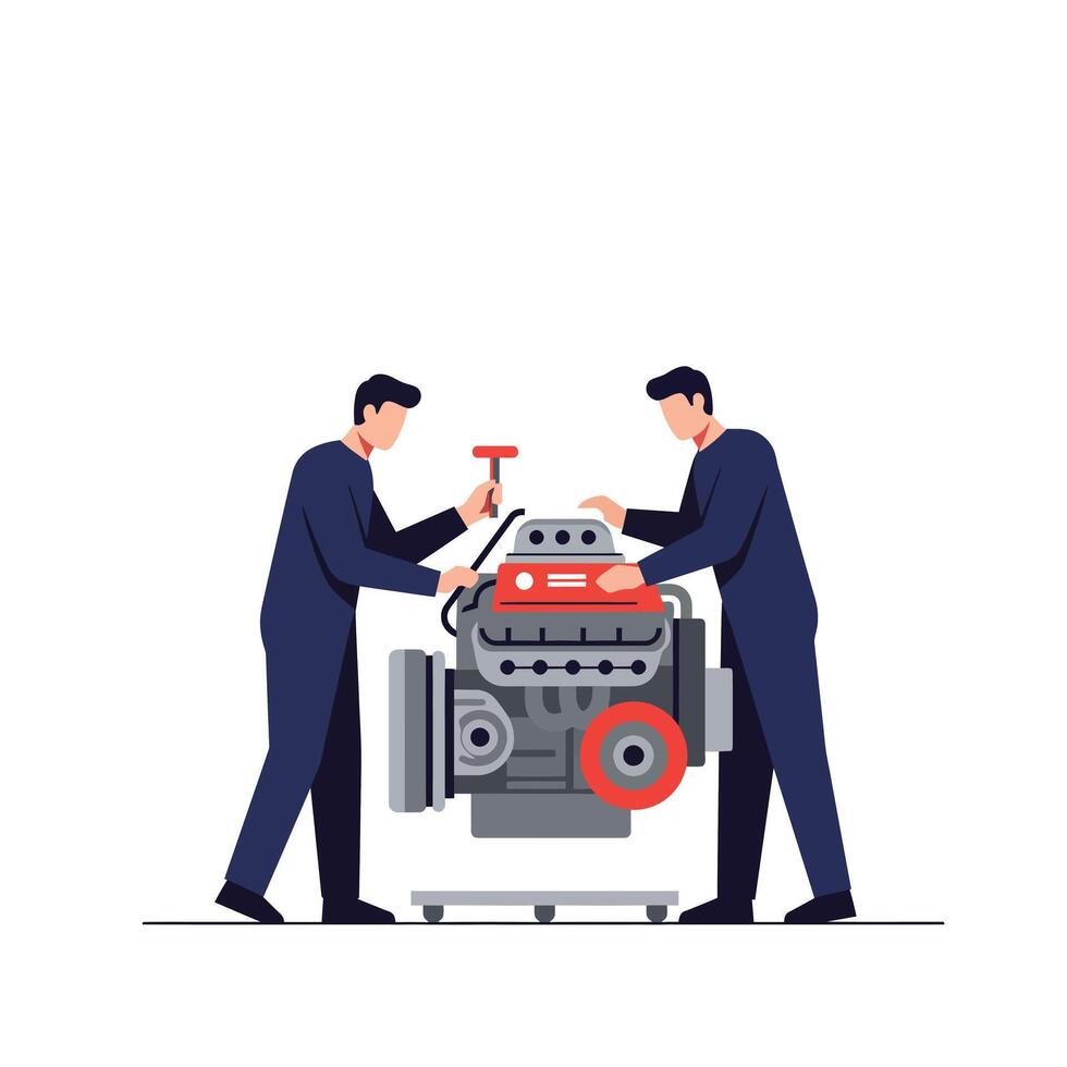 Two mechanics working together on a car engine in flat art style vector