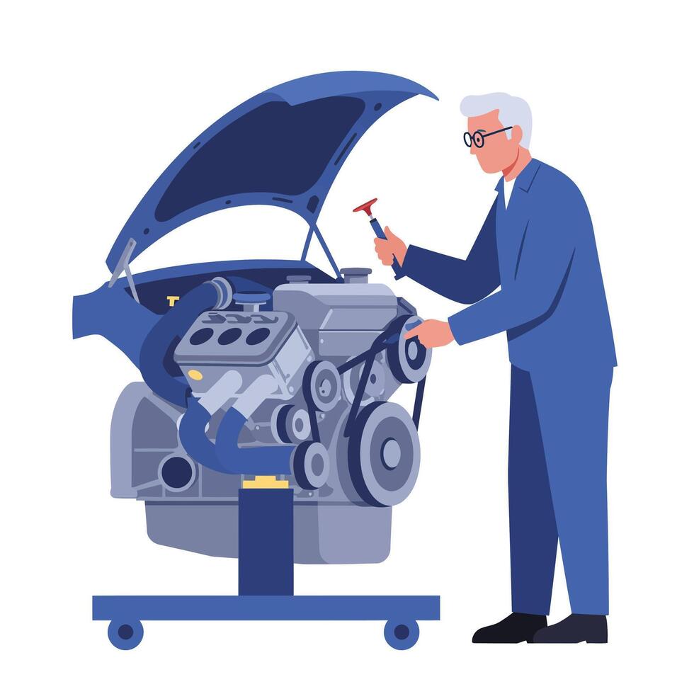 Mechanic working on an engine in flat art style for automotive illustration vector