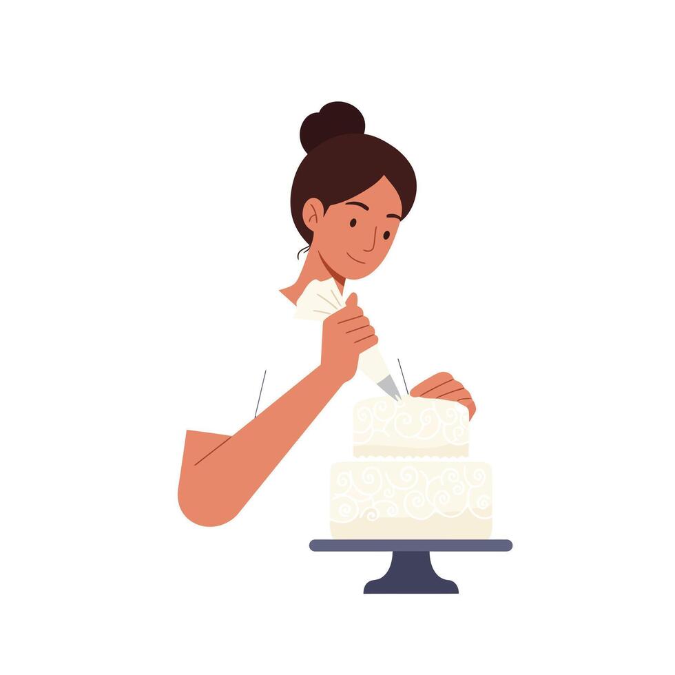 Cake decorating process with a focused baker using flat art vector