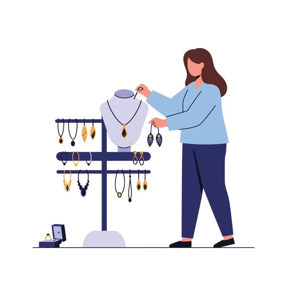 Woman arranging jewelry on a display stand in flat illustration vector