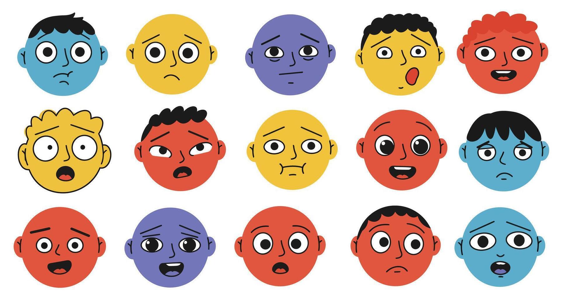 Diverse facial expressions in colorful designs featuring minimal flat art vector