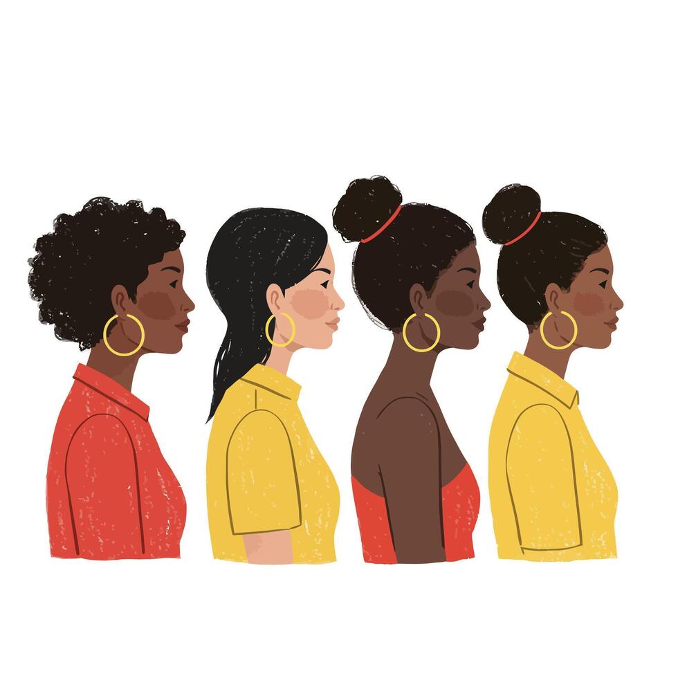 Diverse women in profile showcasing hair and style changes in minimal illustration vector