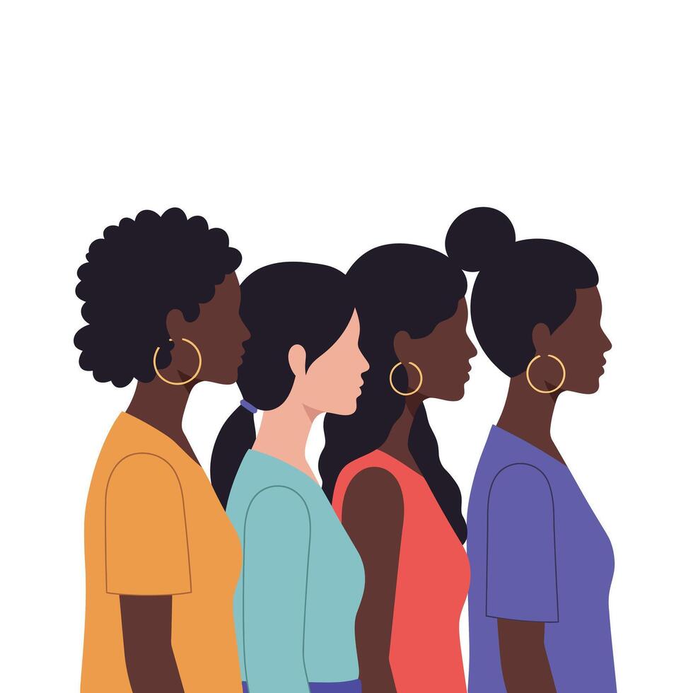 Four women in profile view showcasing diverse hairstyles in minimal art vector