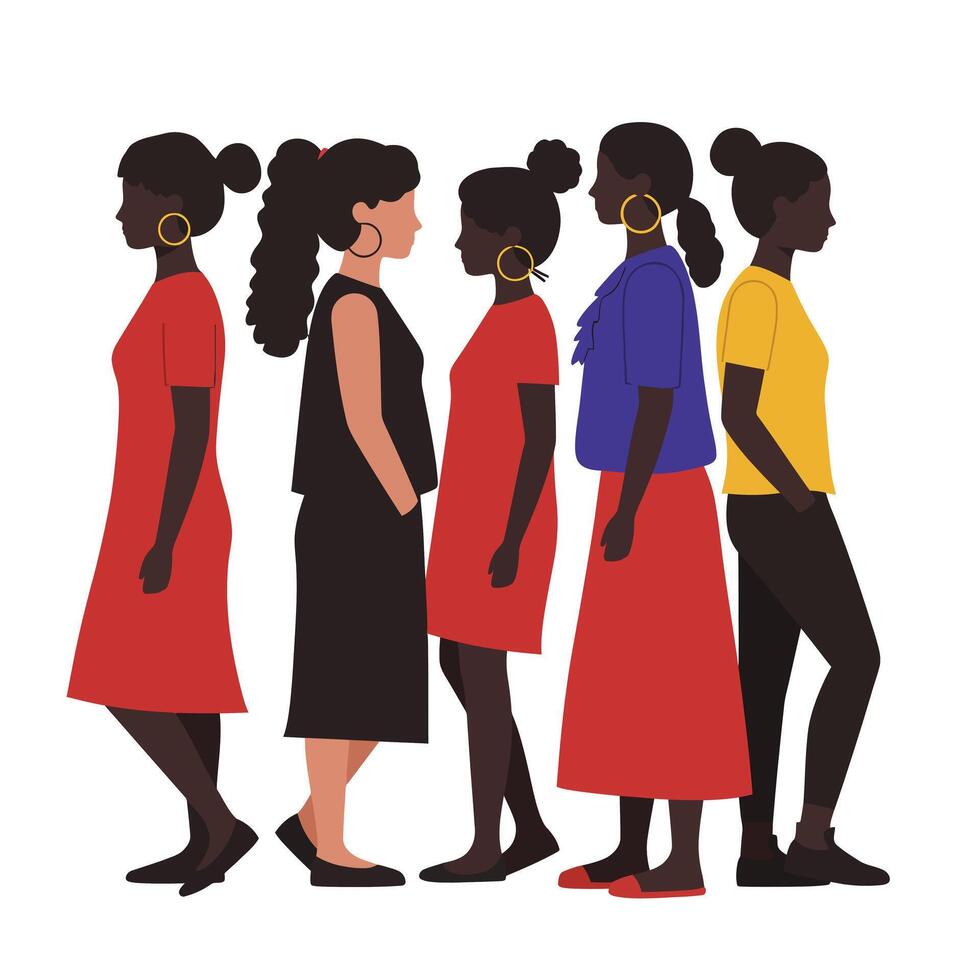 Women in stylish outfits transitioning from one frame to another in flat art vector