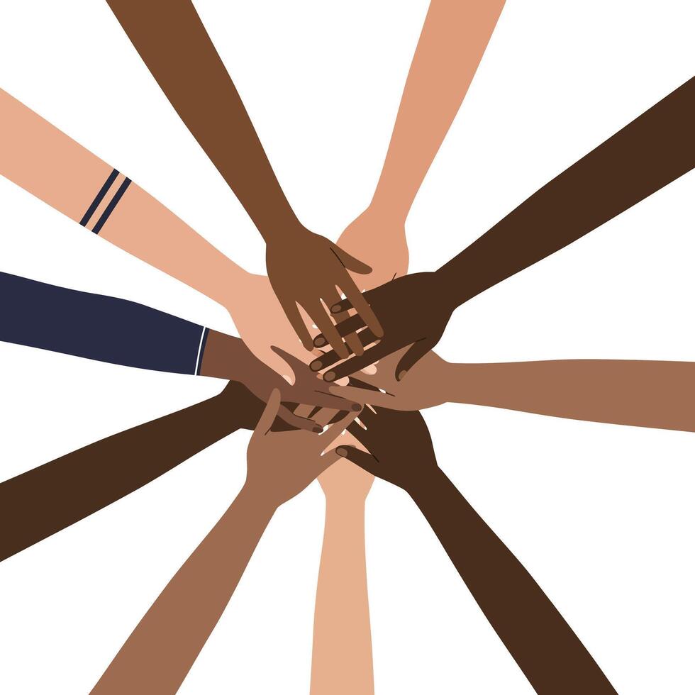 Diverse hands joining together in unity with flat design style art vector