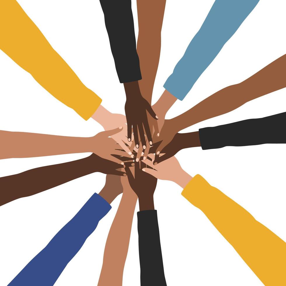 Hands joining together in unity, flat design, showcasing diversity in art vector