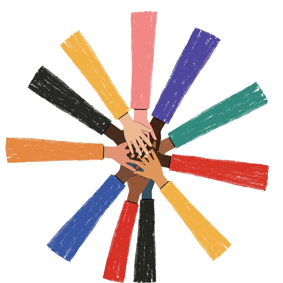 Diverse hands coming together in a circle, flat art design showcasing unity and collaboration art vector