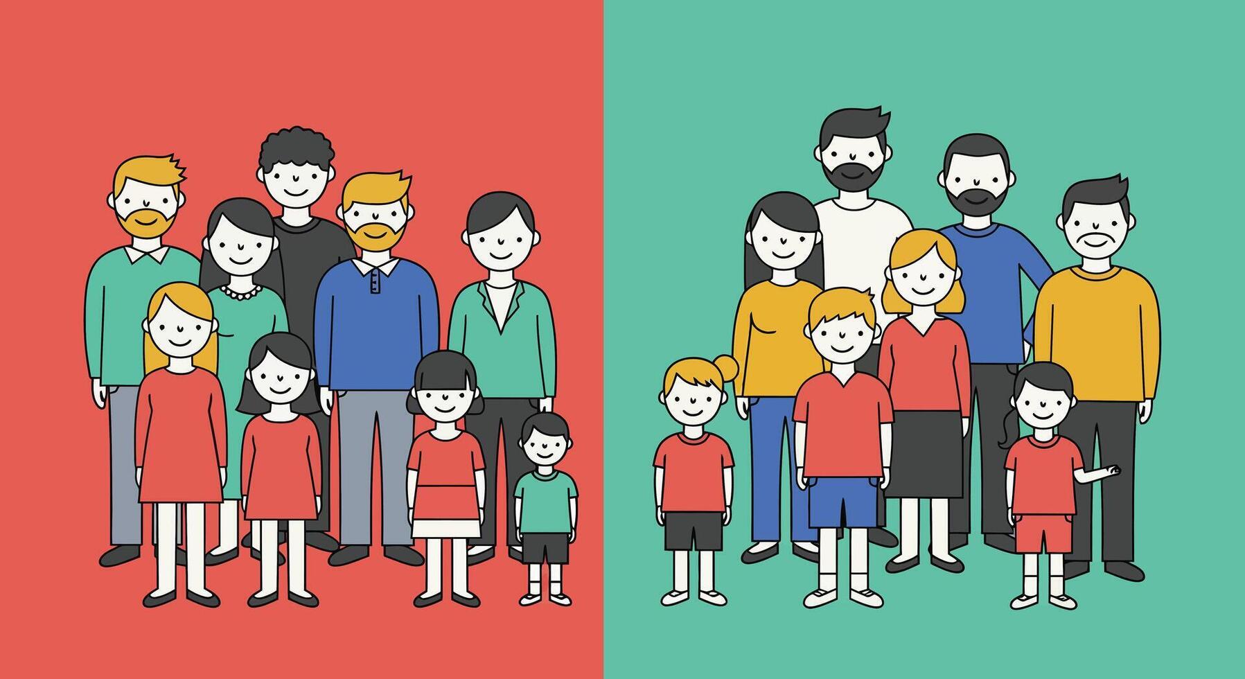 Group of people transitioning from vibrant red to calm green in flat art vector