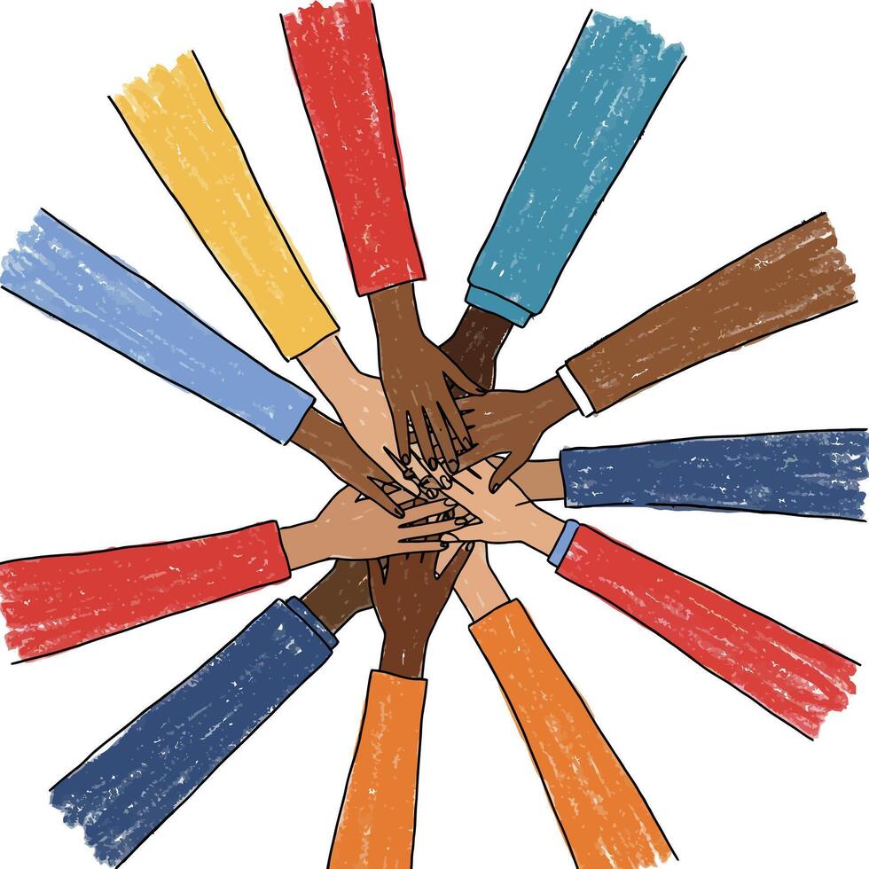 Hands coming together in unity with colorful sleeves in flat art vector