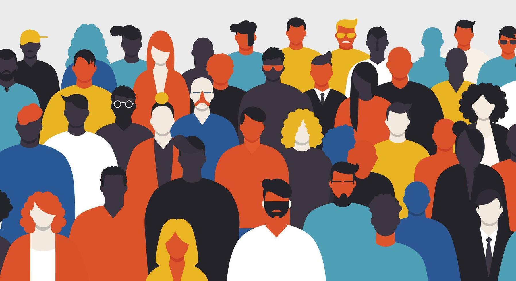 Diverse crowd of people illustrated in flat, vibrant colors, showcasing community interaction art vector